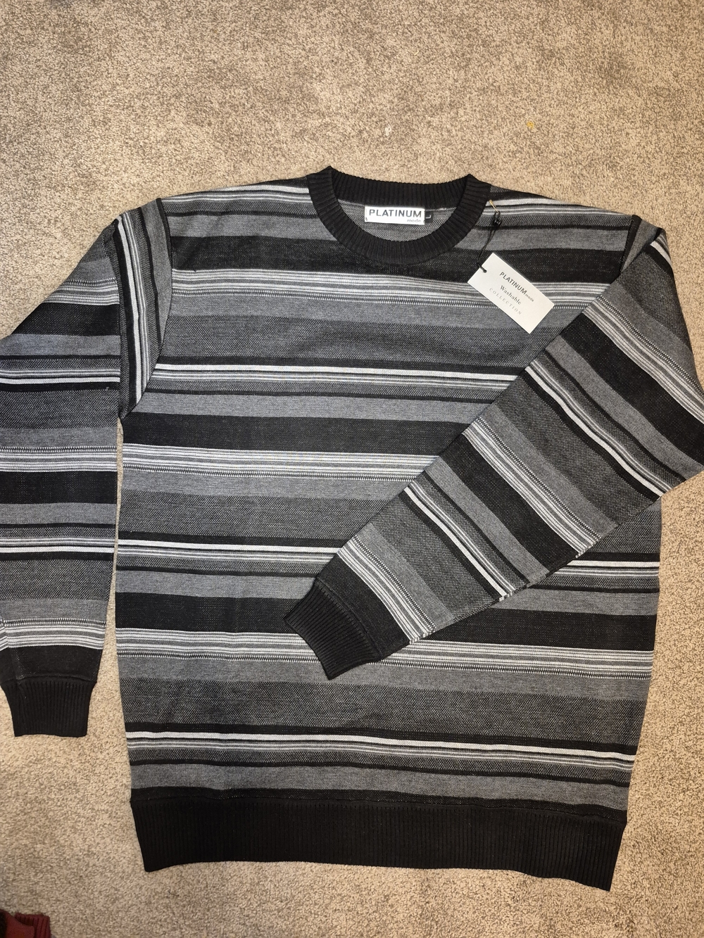 Vintage New NWT Men's Gray & Black Striped Crewneck Sweater Wool Mix Size Large